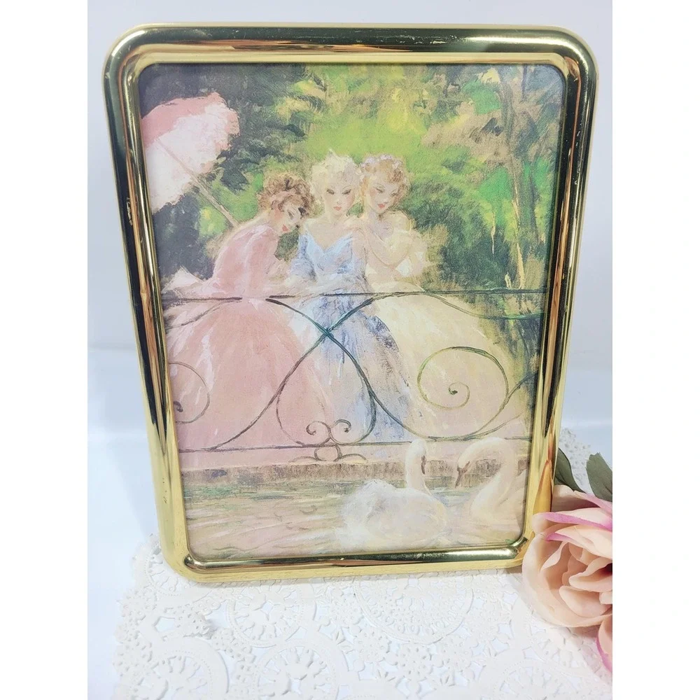 Vintage Brass Burnes 8x10 polished gold photo table top frame swans artwork